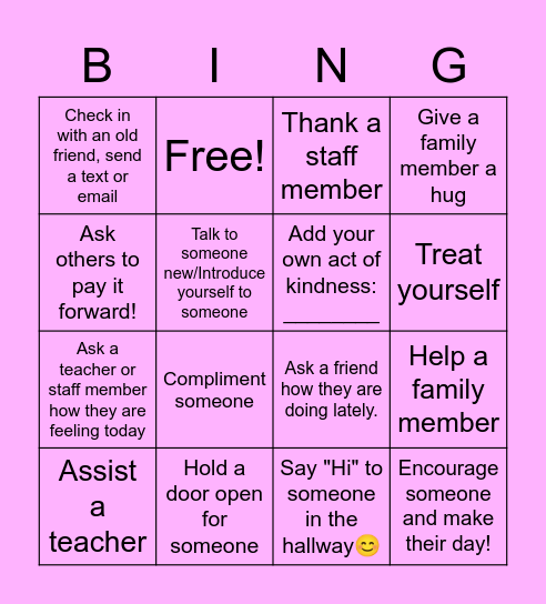 Kindness Bingo Card - In Person Bingo Card