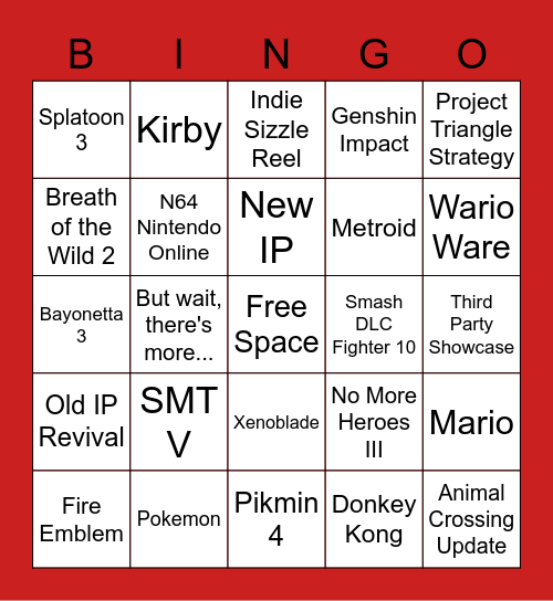 Nintendo E3 2021 Bingo Card