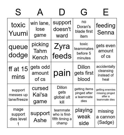 Dillon's League Adventures Bingo Card