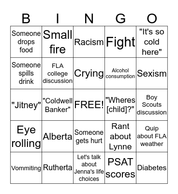 Dysfunctional Family Bingo: Alberta Edition Bingo Card