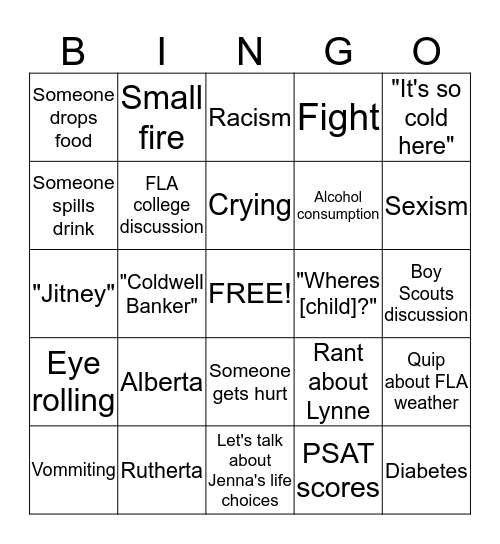 Dysfunctional Family Bingo: Alberta Edition Bingo Card
