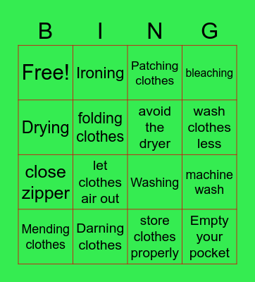 caring for clothes Bingo Card