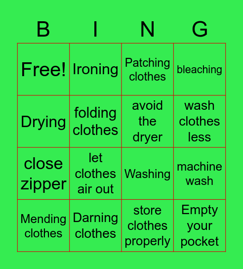 caring for clothes Bingo Card