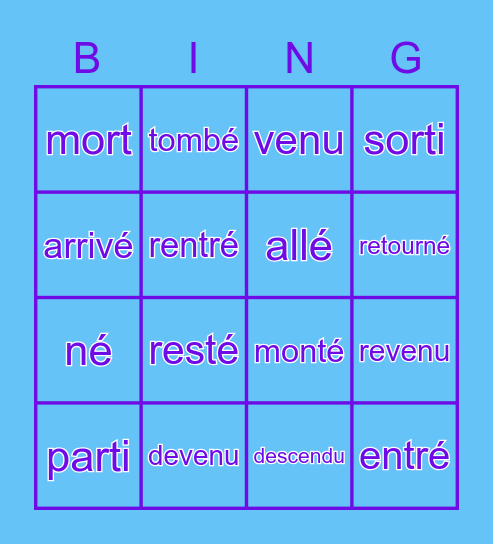 Etre Verb Past Participles Bingo Card