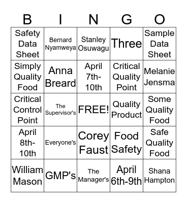 SQF Bingo Card