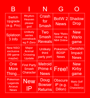 E3 Nintendo Direct Bingo Card