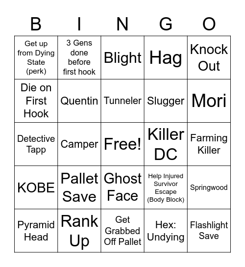 DEAD BY DAYLIGHT BINGO! Bingo Card