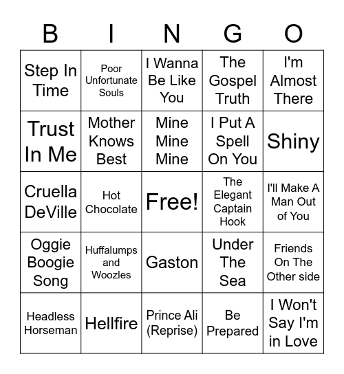 Disney Villain and Hero Songs Bingo Card