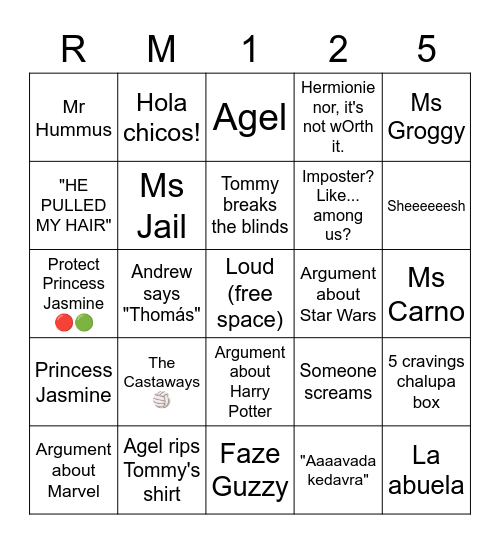 Room 125 Bingo Card