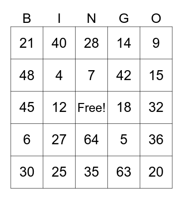 Multiplication Bingo Card