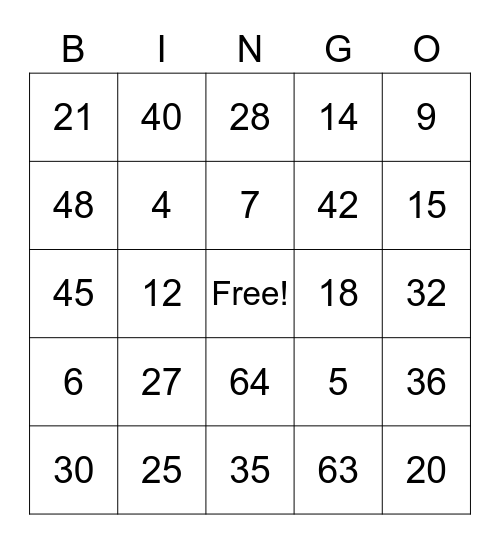 Multiplication Bingo Card