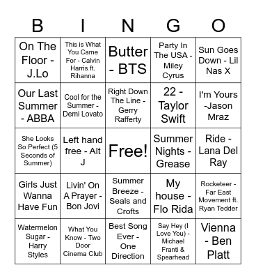Summer Music Bingo Card