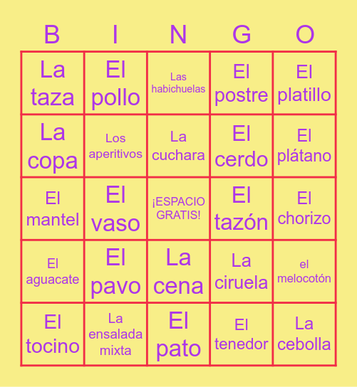 La Comida Parte I Bingo Card