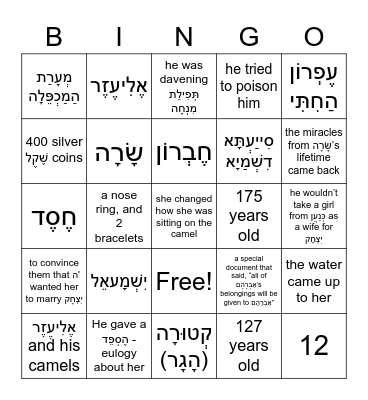 פַּרְשַׁת חַיֵי שָׂרָה  Bingo Card