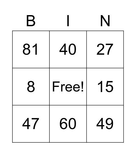 Multiplication Bingo Card