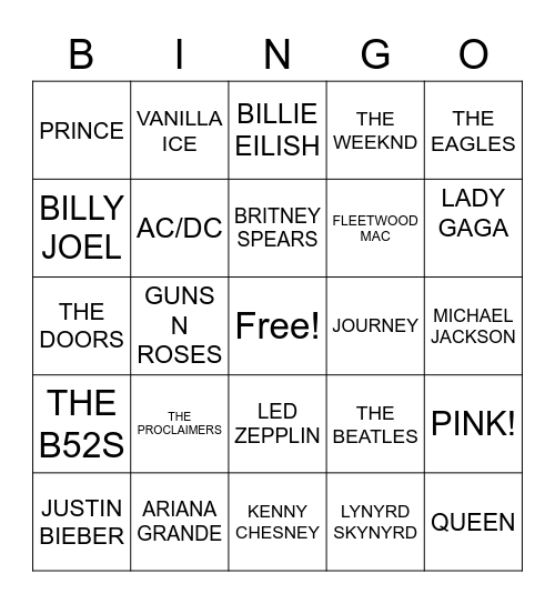 SINGERS & BANDS Bingo Card