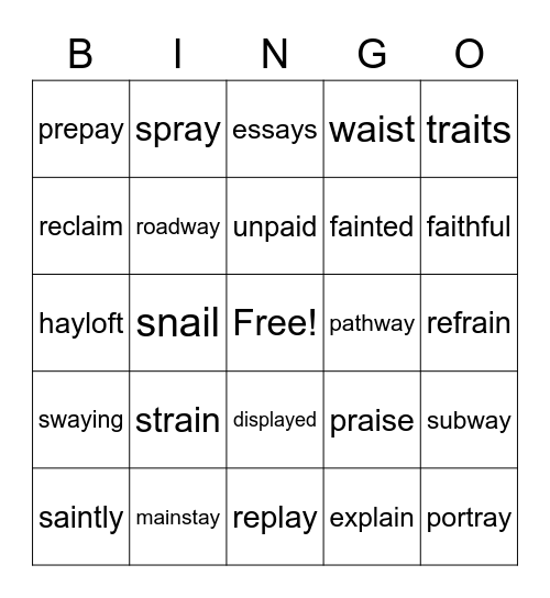 ai/ay Words Bingo Card