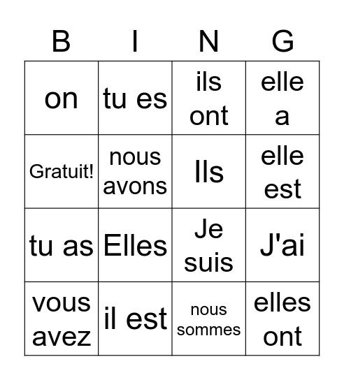 Les verbes Bingo Card