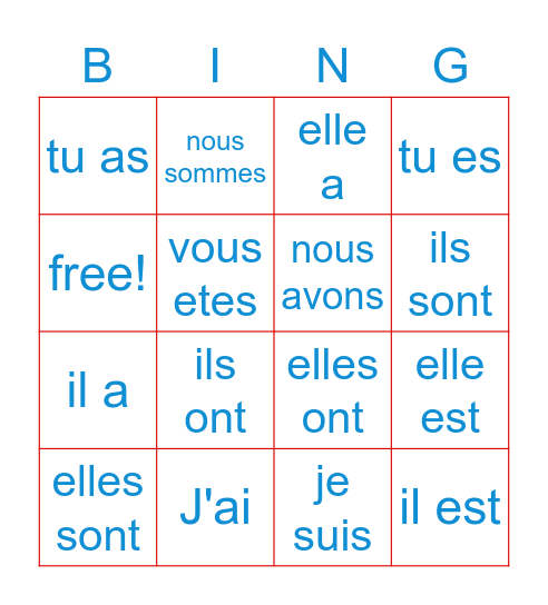 les verb Bingo Card