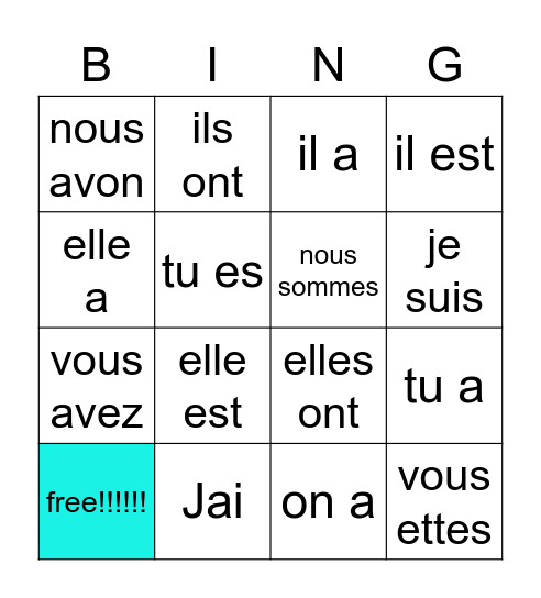 Les Verbes Bingo Card