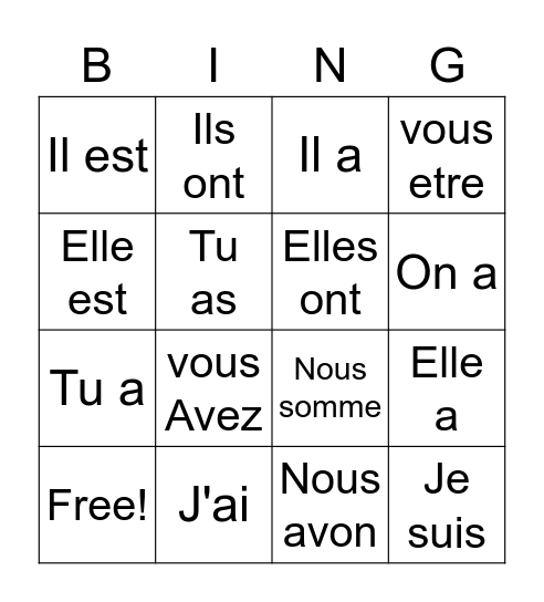 Le verbes Bingo Card