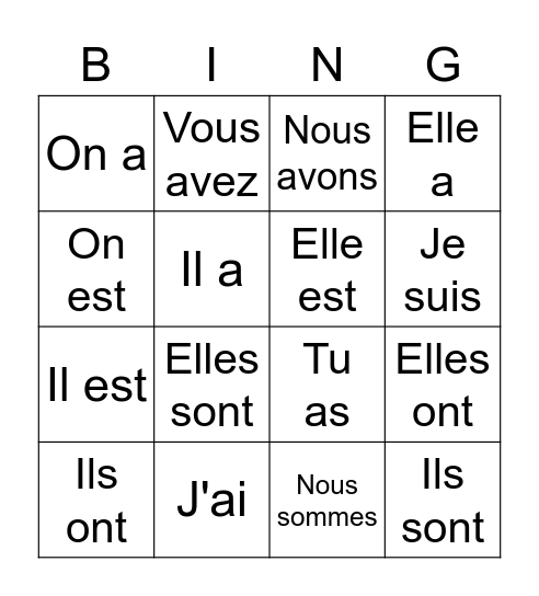 Les verbes Bingo Card