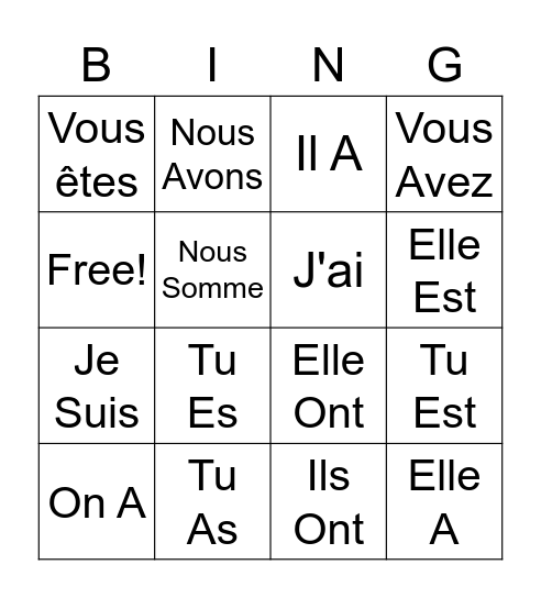 Les Verbes Bingo Card