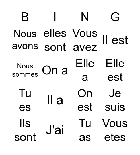 Les verbes Bingo Card