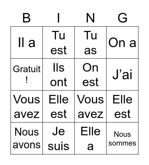 Les verbs Bingo Card