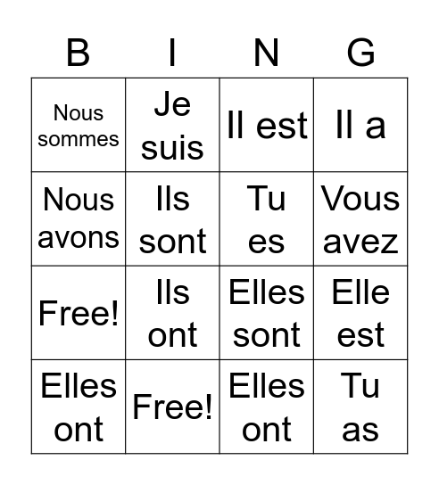 Les verbes Bingo Card
