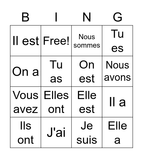 Les verbes de etre et avoir Bingo Card