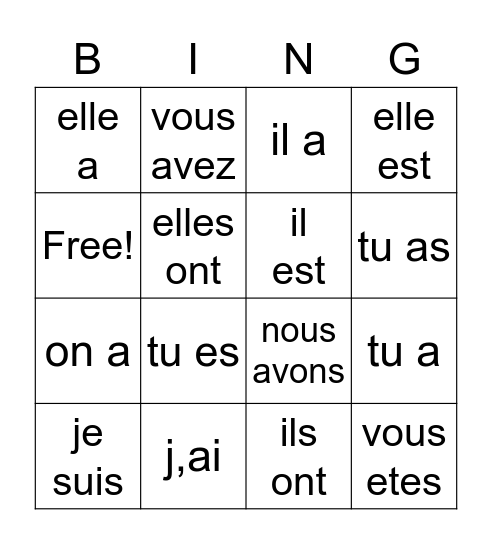 Les verbes Bingo Card