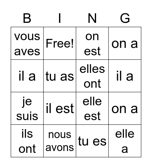 les verbes Bingo Card