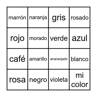 Los colores Bingo Card