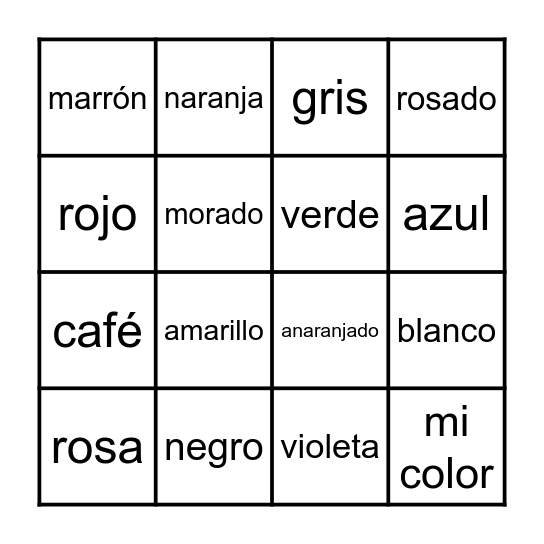 Los colores Bingo Card