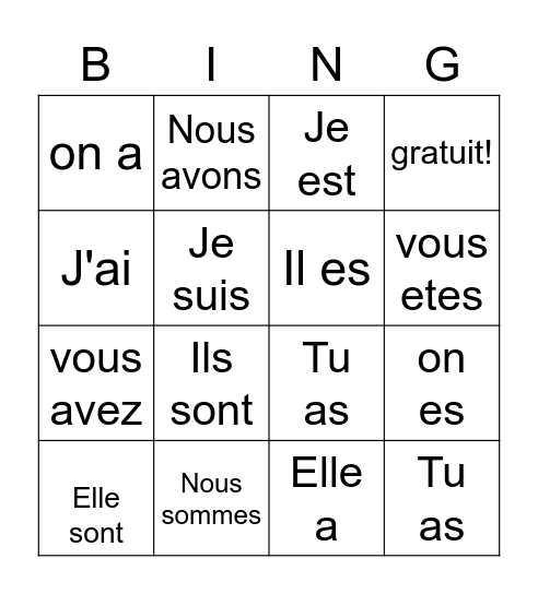 verbs Bingo Card