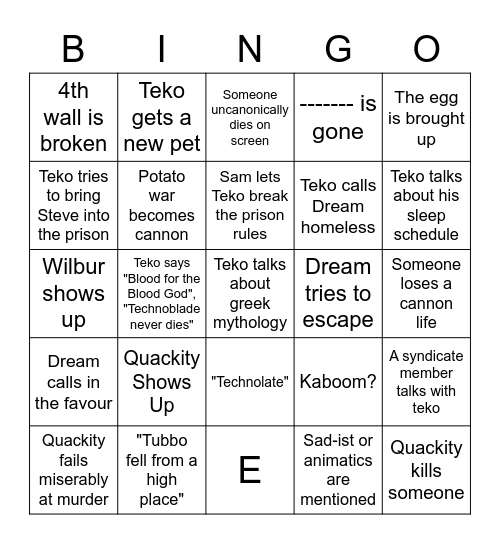 Teko Lore Bingo Card