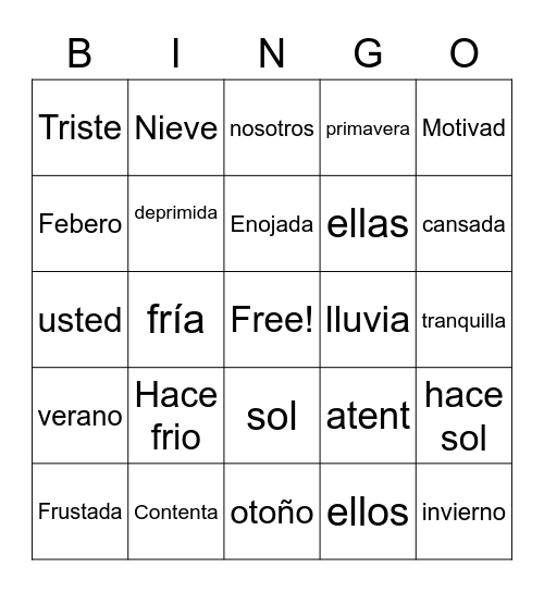 Spanish Bingo Card