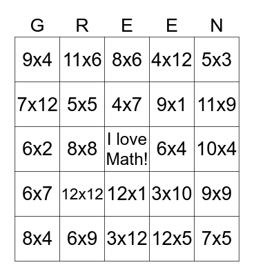 St. Patrick's Day Multiplication Bingo Card