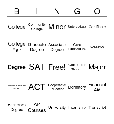 College Bingo Card
