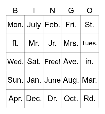 Abbreviation Bingo Card