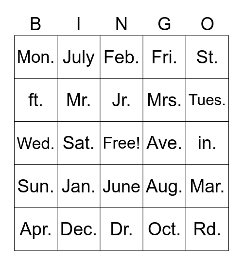 Abbreviation Bingo Card