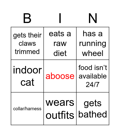 cat owner bingo (abuse version) Bingo Card