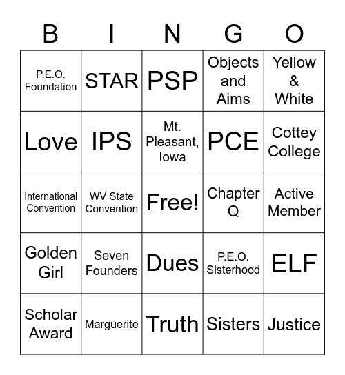 P.E.O. BINGO Card