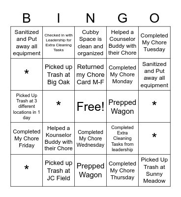 Taking Care of Camp Bingo Card