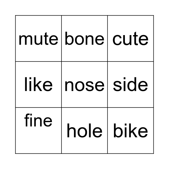 Silent e Bingo Card