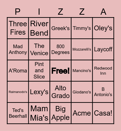 Fort Wayne Pizza Joints Bingo Card