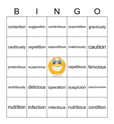 -tion,  -tious,  -cious Bingo Card