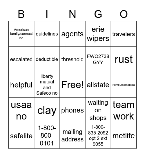 Reimbursement Bingo Card
