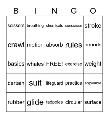 Swimming Bingo Card